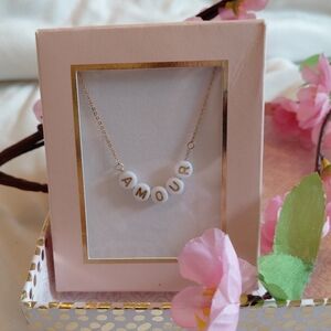 Kids Gold-Tone Chain Necklace with White 'AMOUR' Letter Beads